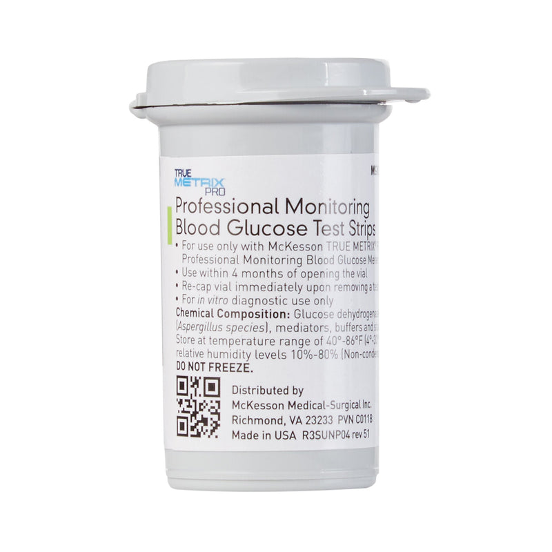 Container of TrueMetrix Pro Professional Monitoring Blood Glucose Test Strips on a white background