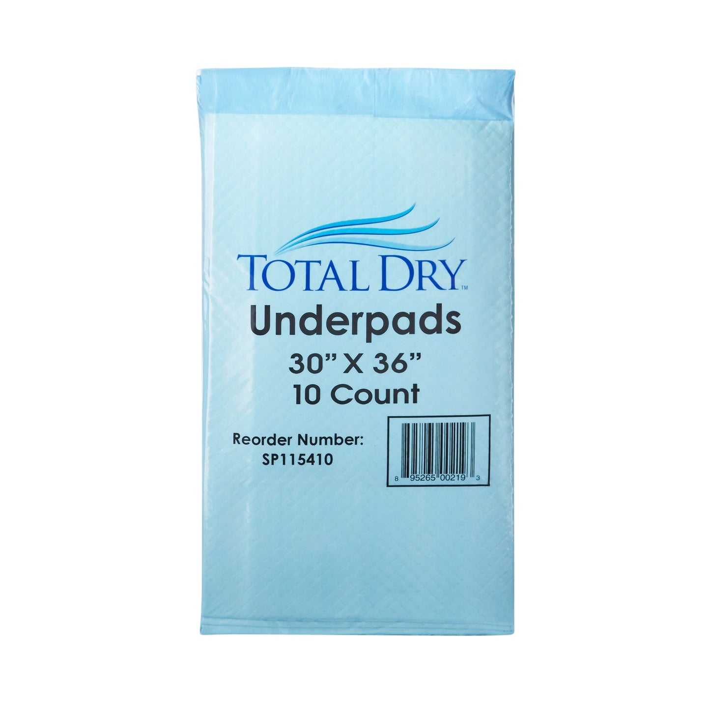 Pack of Total Dry underpads with dimaleions 30" x 36" on a white background