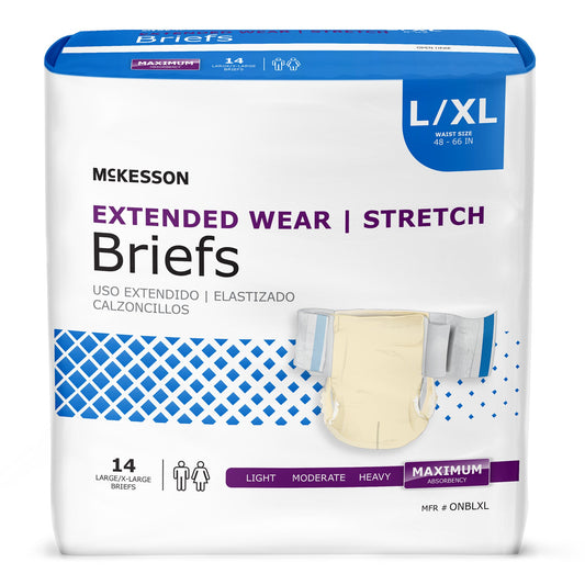 Package of McKesson extended wear stretch briefs on a white background