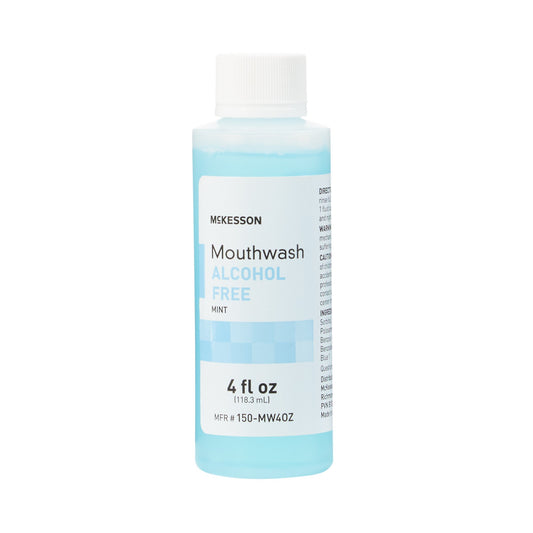 Mckesson mouthwash bottle with blue liquid on a white background