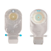 Two transparent adhesive pouches shown side by side on a white background, one displaying the front with a circular yellow insert and blue tabs, and the other showing the back with a blue circular guide and white tabs.
