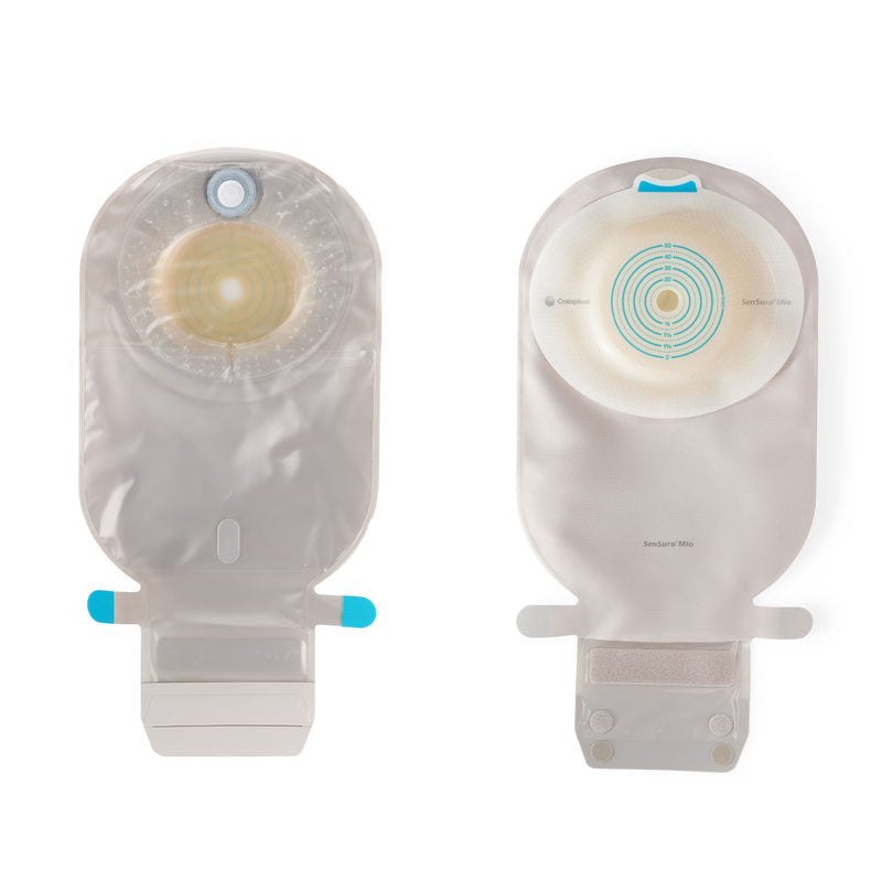 Two transparent adhesive pouches shown side by side on a white background, one displaying the front with a circular yellow insert and blue tabs, and the other showing the back with a blue circular guide and white tabs.