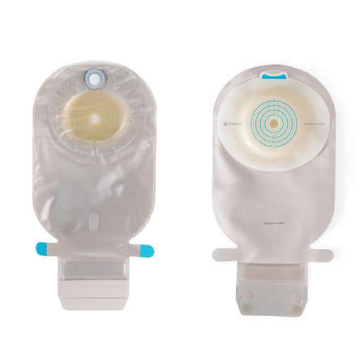 Two transparent adhesive pouches shown side by side on a white background, one displaying the front with a circular yellow insert and blue tabs, and the other showing the back with a blue circular guide and white tabs.