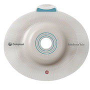 A Coloplast SenSura Mio circular adhesive pad, shown from a top-down view on a solid white background. The pad is off-white with a fine dotted texture, featuring a central blue ring with measurement markings, a small red '50' indicator, and a blue tab at the top.