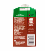 Back view of a Nectar Consistency nectar carton with a green top section, white cap, and brown lower section containing product information, a twist-and-break icon, and a barcode.