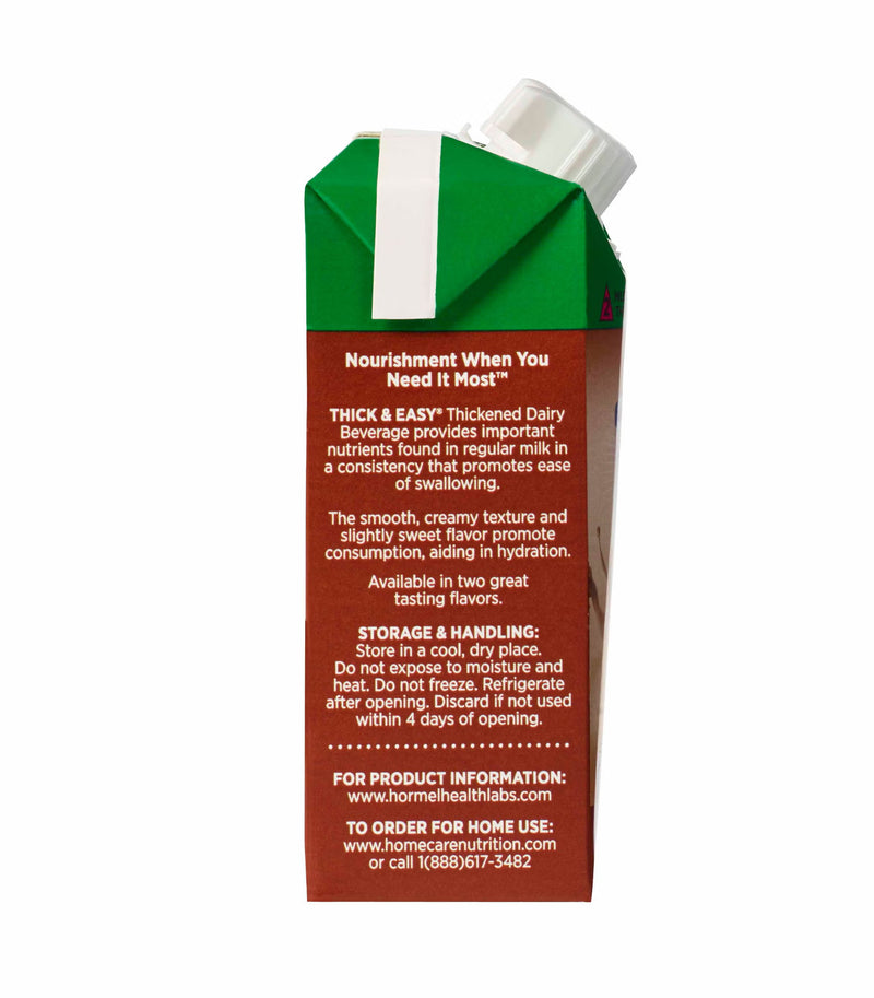 A carton of Hormone-Free Thick & Easy Thickened Dairy Beverage shown from the back, featuring a brown label with white text and a green top section with a white cap.