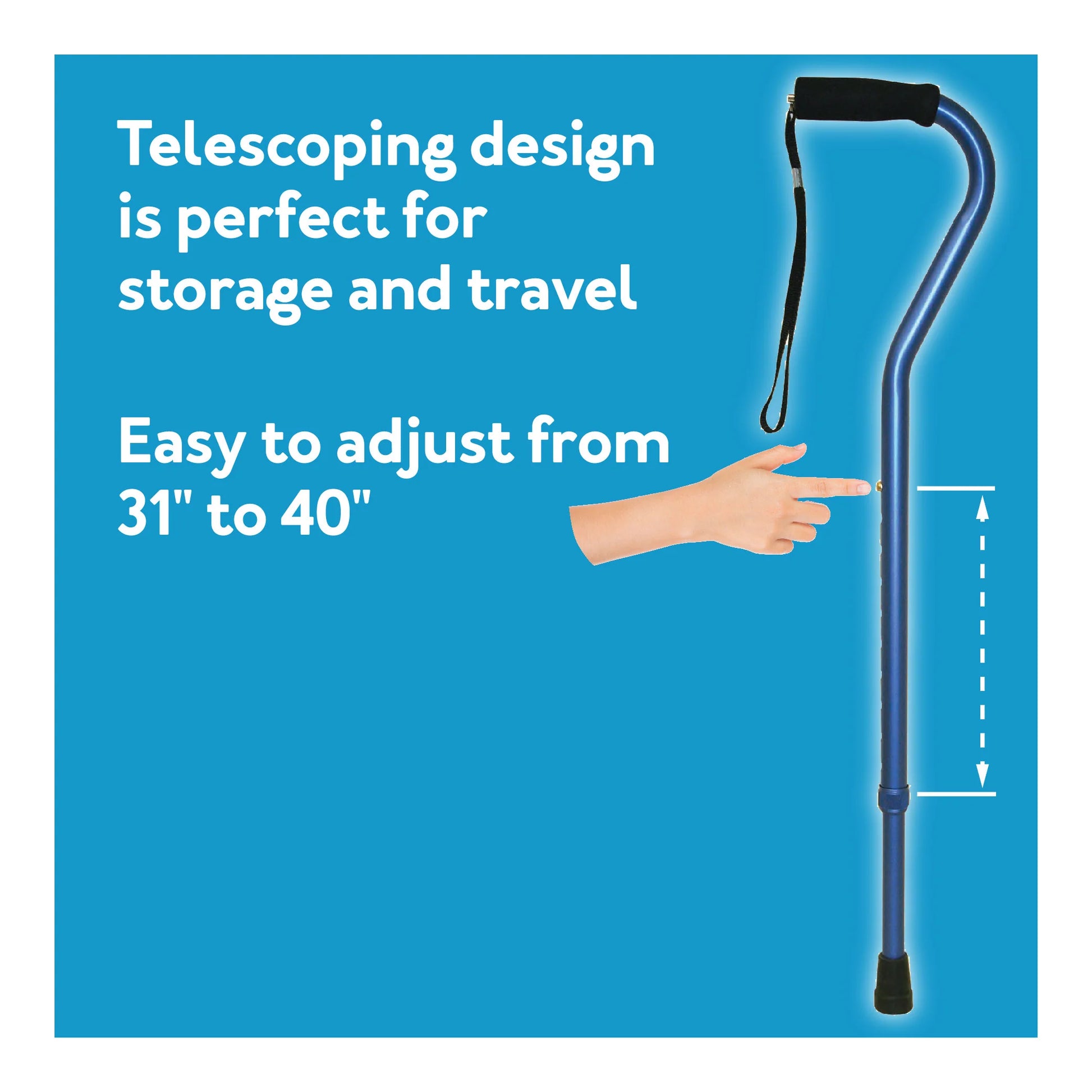Telescoping cane with adjustable length on a blue background