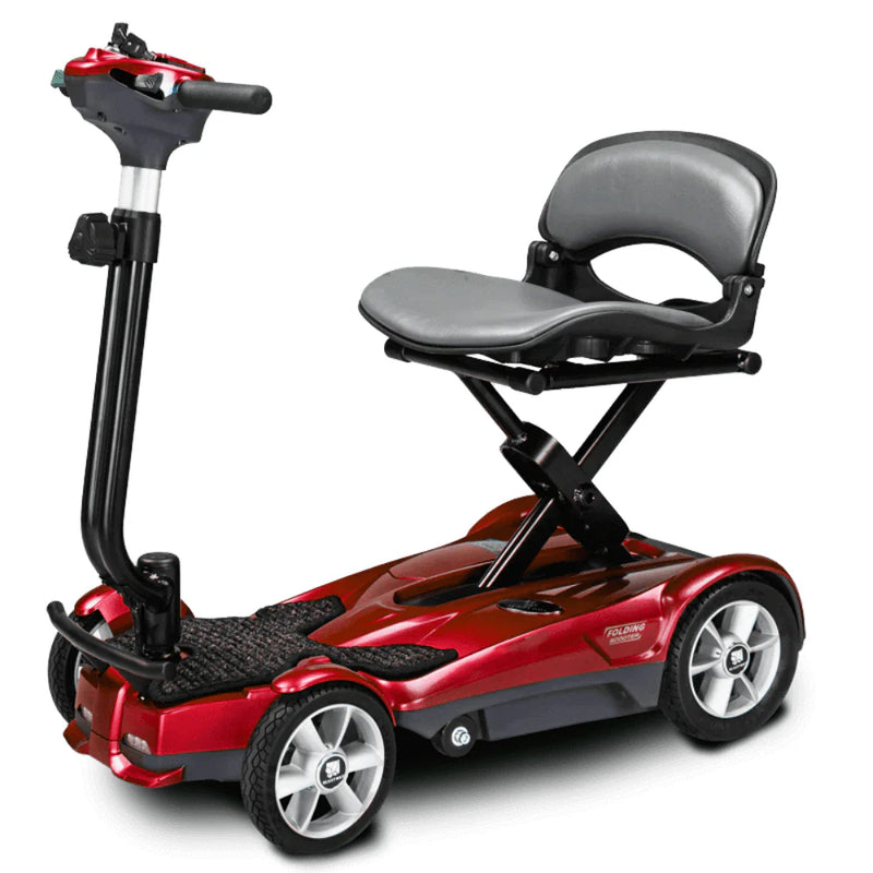 Red mobility scooter with a seat on a white background