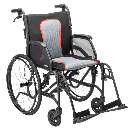 Wheelchair with black frame and gray seat on a white background