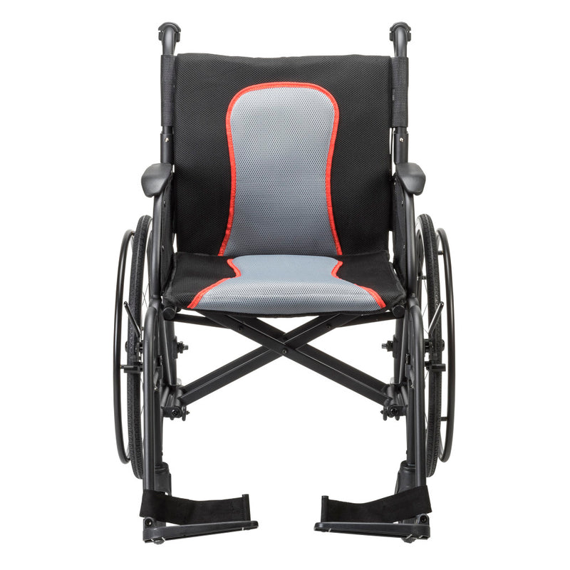Wheelchair with black frame and gray seat on a white background