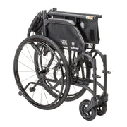 Black wheelchair with folded footrest on a white background
