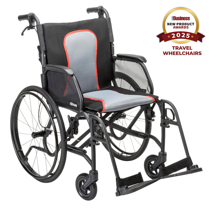Wheelchair with gray and red seat on a white background, featuring an award badge for 2025 New Product Awards.