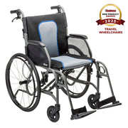 Wheelchair with blue seat cover on a white background, featuring an award badge for 2025 Travel Wheelchairs.