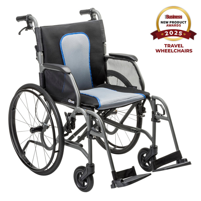 Wheelchair with blue seat cover on a white background, featuring an award badge for 2025 Travel Wheelchairs.