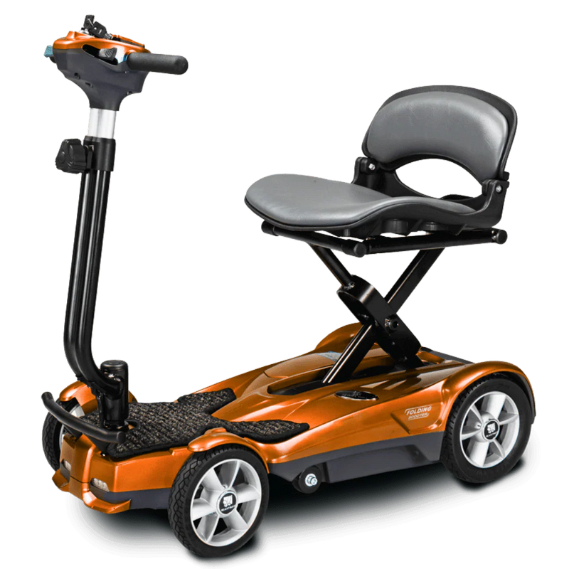 Gold mobility scooter with a seat on a white background