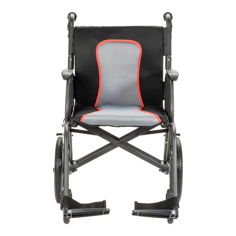 Black and gray wheelchair with red accents on a white background