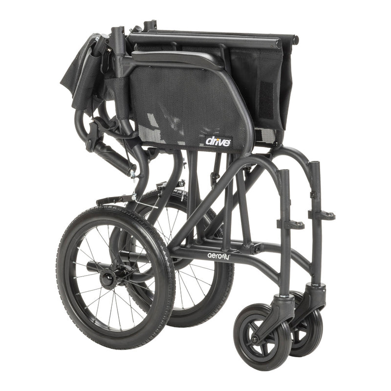 Black wheelchair with folded canopy on a white background