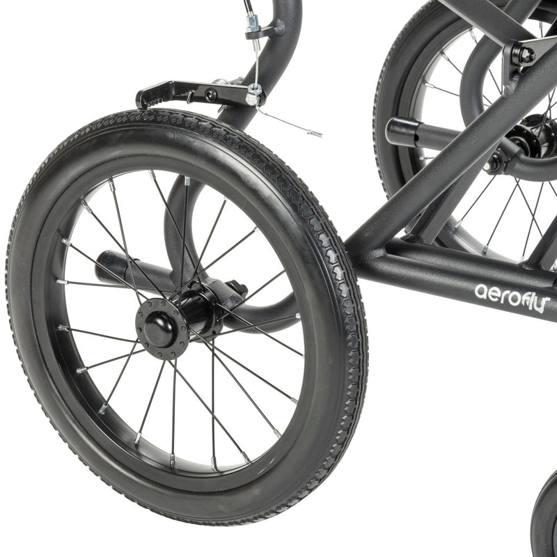 Close-up of a bicycle wheel with 'aerofly' branding on a white background