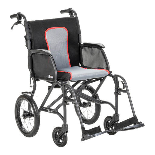 Black and gray wheelchair with red accents on a white background