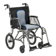 Wheelchair with gray and blue seat on a white background