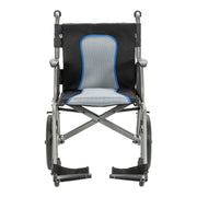 Black and gray wheelchair with blue accents on a white background