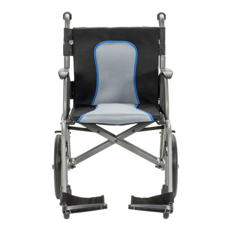 Black and gray wheelchair with blue accents on a white background
