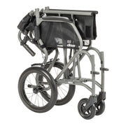 Foldable wheelchair with black seat and frame on a white background