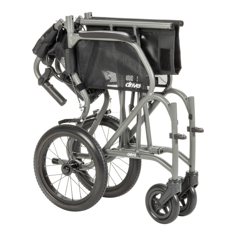 Foldable wheelchair with black seat and frame on a white background