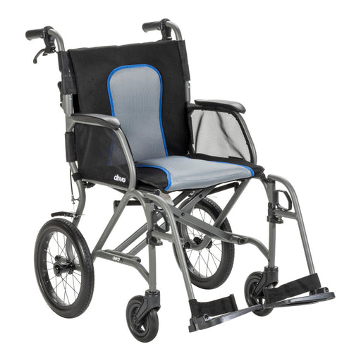 Wheelchair with gray and blue seat on a white background
