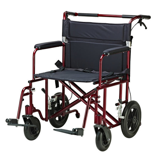 Black and red folding wheelchair on a white background