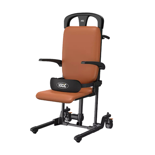 A VOGIC adjustable hospital-style transfer chair with a brown upholstered seat and backrest, black armrests, and a black frame with casters, shown on a plain white background.