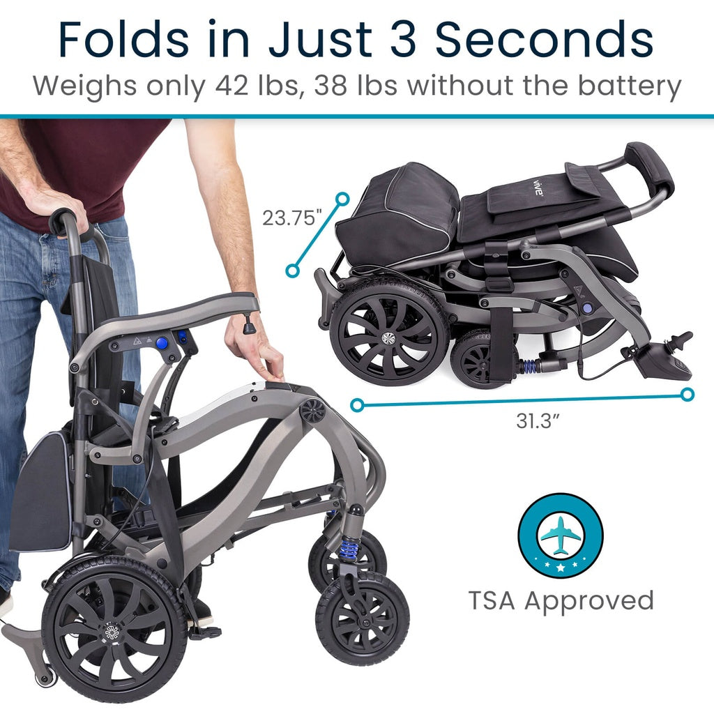 Foldable scooter with text highlighting features like weight, folding time, and TSA approval.