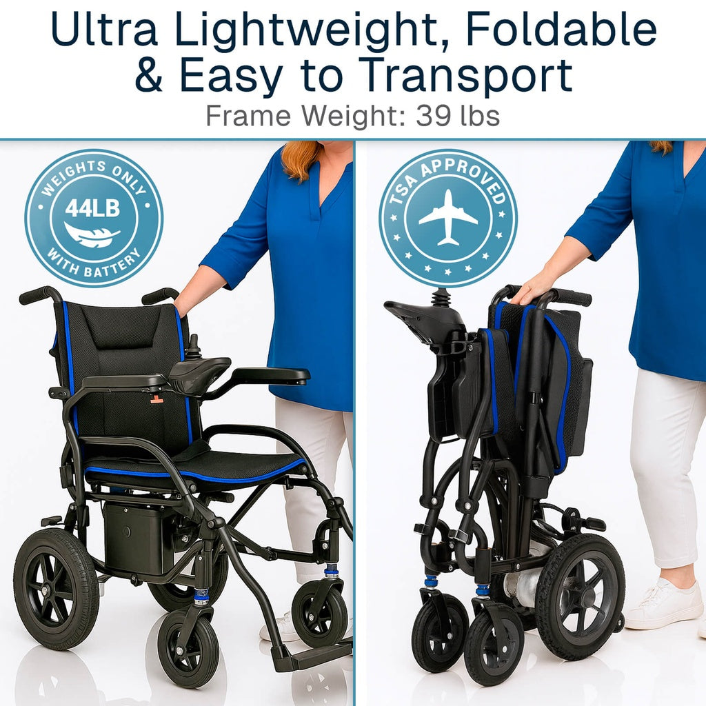 Foldable wheelchair with text highlighting weight, foldability, and transportability on a white background.
