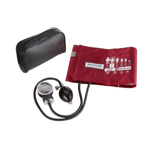 Blood pressure monitor with red cuff and black case on a white background