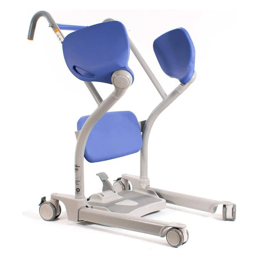 Physical therapy device with blue seats and gray base on a white background