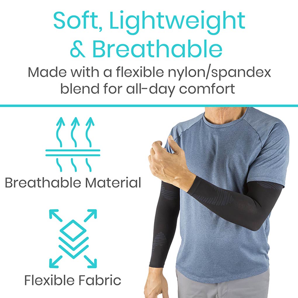 Person wearing a blue shirt with black arm sleeves, highlighting breathable and flexible material properties.