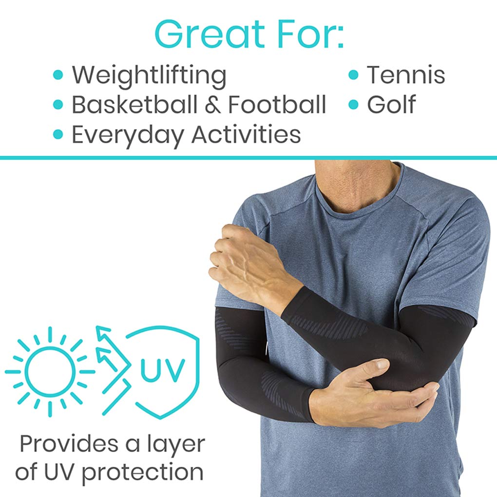 Person wearing black arm sleeves with text about activities and UV protection.
