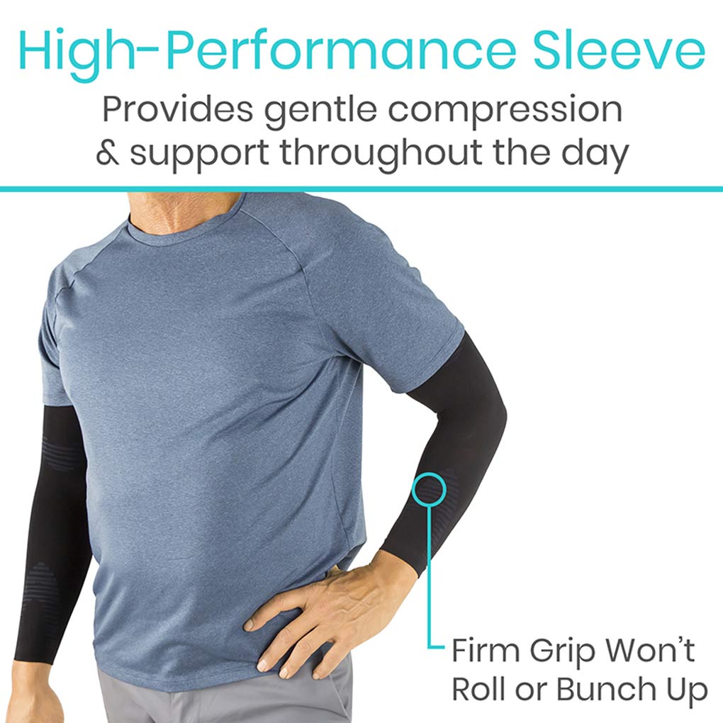 Person wearing a high-performance sleeve with text about compression and support.