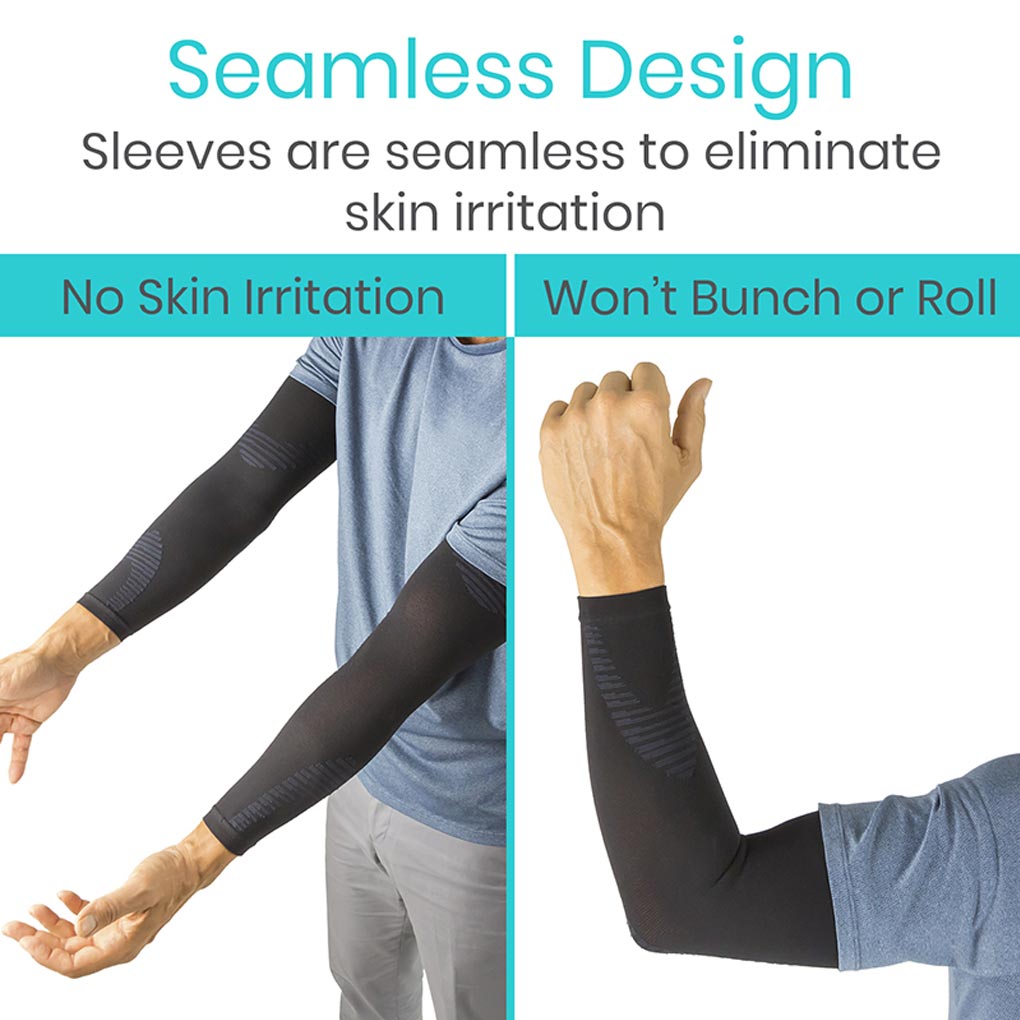 Seamless arm sleeves being worn by a person, with text highlighting their benefits.