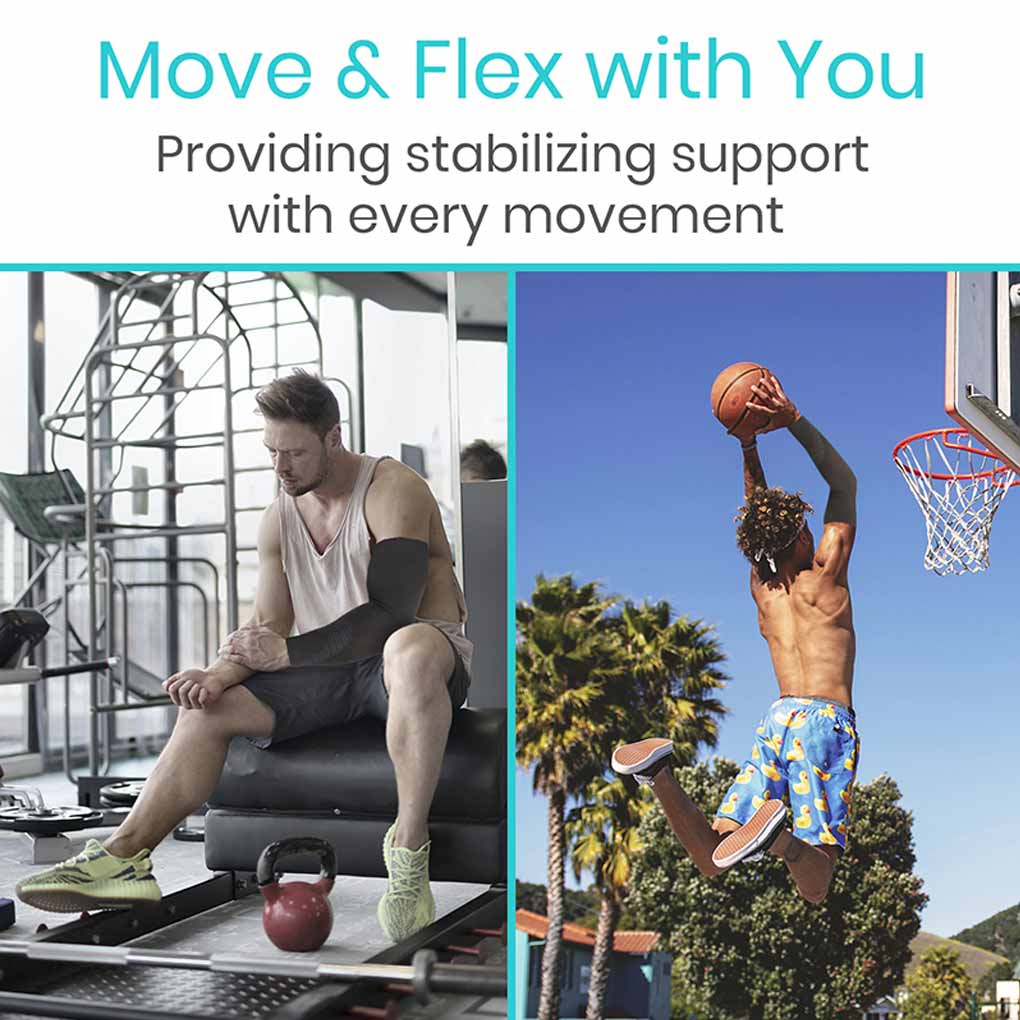 Two images showing a person using an exercise device and another playing basketball, with text 'Move & Flex with You' and 'Providing stabilizing support with every movement'.
