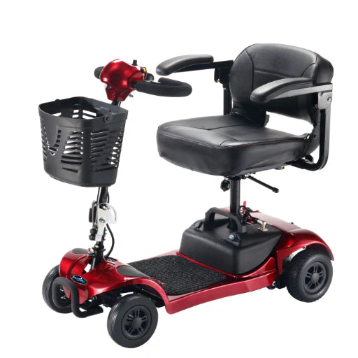 Red and black mobility scooter with a basket on a white background