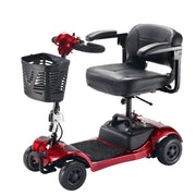Red and black mobility scooter with a basket on a white background