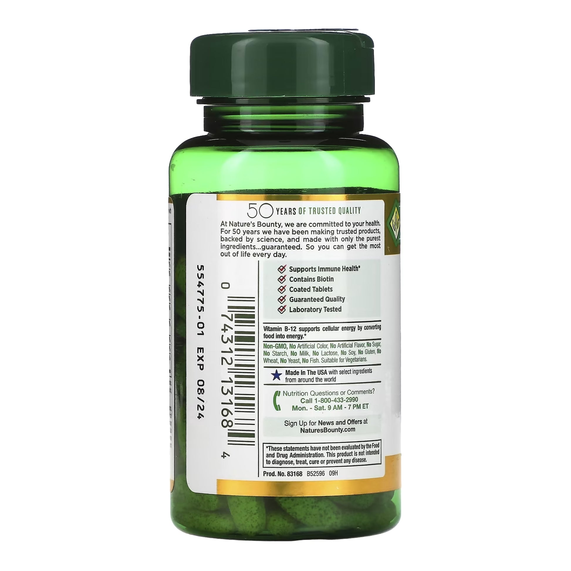 Green supplement bottle with label on a white background