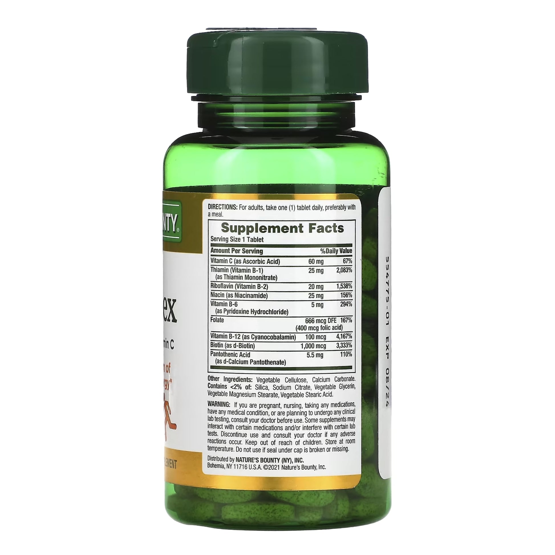 Supplement bottle with green label on a white background