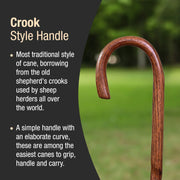 Wooden crook-style handle with text explaining its traditional design and ease of use.