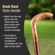 Wooden walking cane handle with text about knob root style handle on a blurred green background