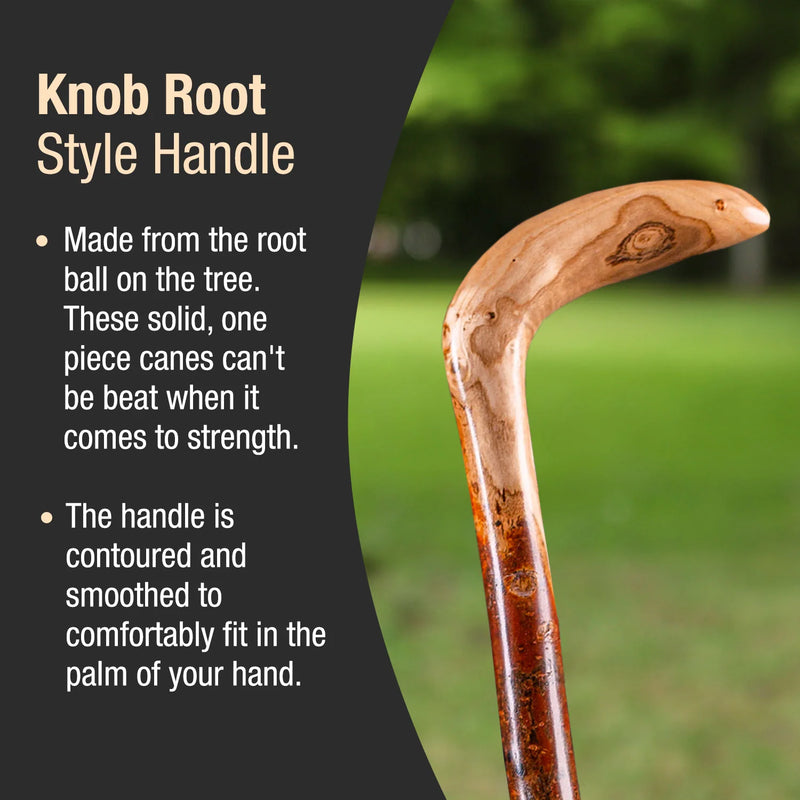 Wooden walking cane handle with text about knob root style handle on a blurred green background