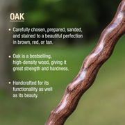 Close-up of a wooden branch with text about oak wood on a blurred natural background