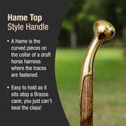 Gold Hame Top Style Handle on a Brazos cane with text explaining its use.