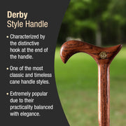 Wooden cane handle with text describing Derby style handles
